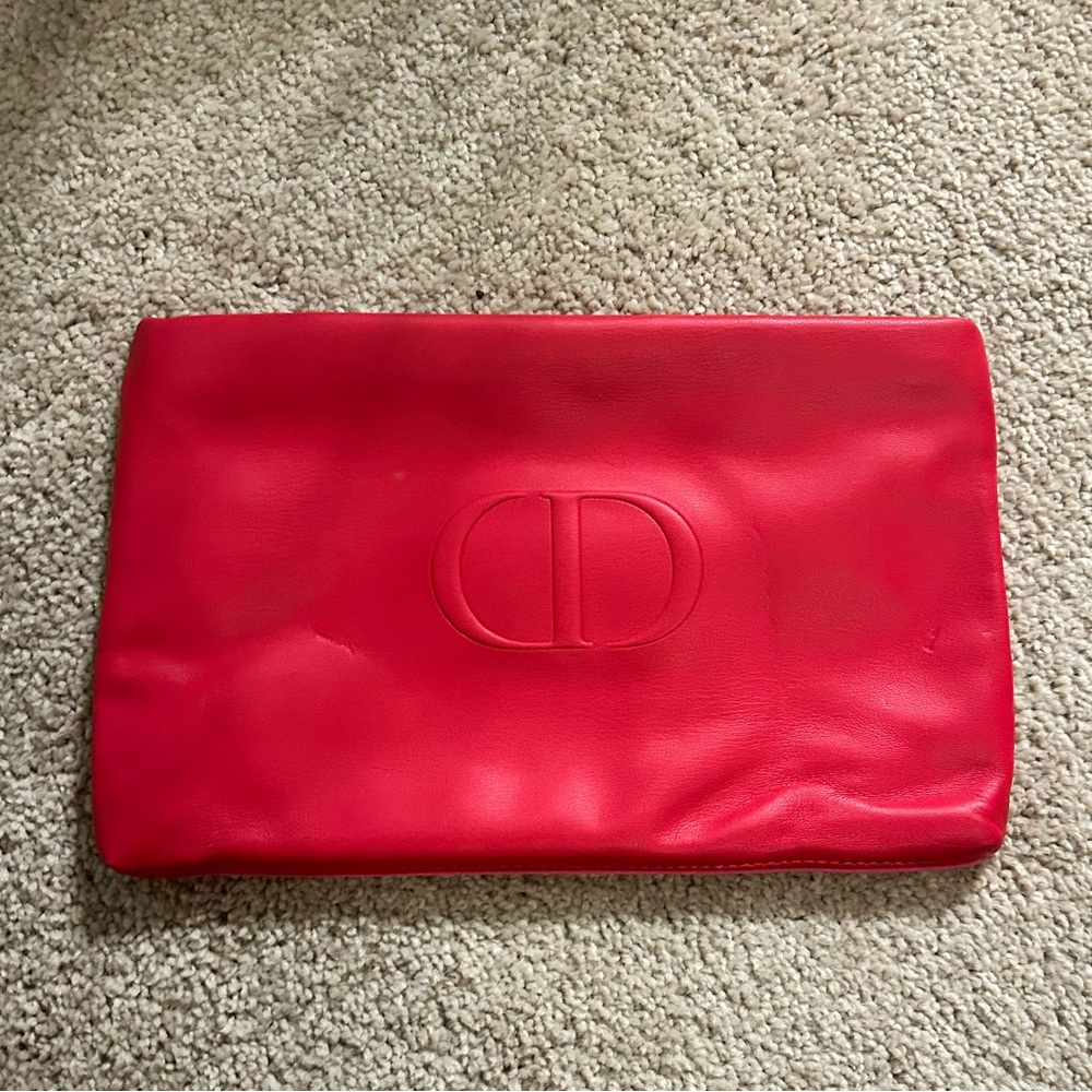 Christian Dior Clutch Cosmetic Bag Pouch Pink Red Faux Leather Embossed CD Logo